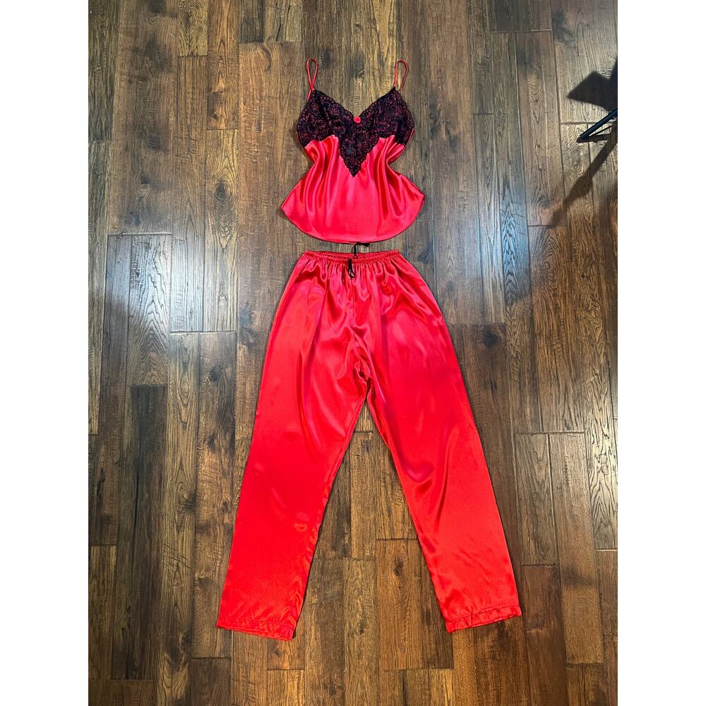 Vintage Red Satin with Black Lace Tank & Pant Pajama Set Secret Treasures Medium